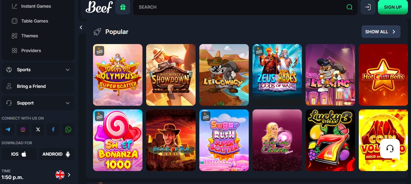 Beef Casino lobby opening Book of Ra Deluxe with 100 bonus spins