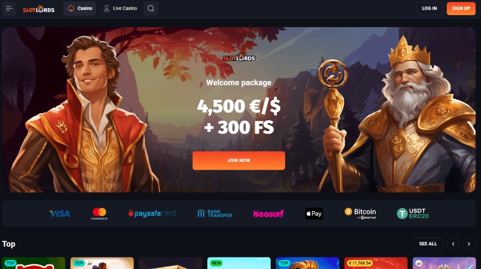 Slotlords game selection prompt shown after redeeming LORDS30